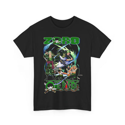 Stylish black t-shirt featuring a vibrant graphic of anime characters including Zoro, set in dynamic poses, perfect for anime enthusiasts.