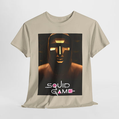 Elegantly designed Squid Game unisex graphic cotton t-shirt featuring a striking image of the iconic masked character, making a bold fashion statement.