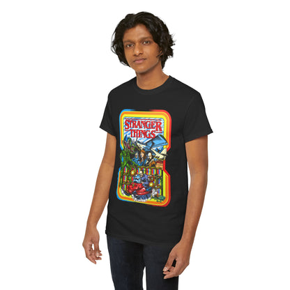 Luxurious unisex Stranger Things graphic t-shirt featuring vibrant Rink O Mania design, showcasing retro arcade style with intricate details and playful imagery of iconic characters, perfect for fans of the beloved TV series.