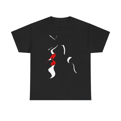 Sophisticated black graphic tee showcasing a minimalistic design of intertwined faces in bold red and white, ideal for making a fashionable statement.