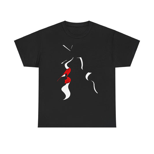 Sophisticated black graphic tee showcasing a minimalistic design of intertwined faces in bold red and white, ideal for making a fashionable statement.