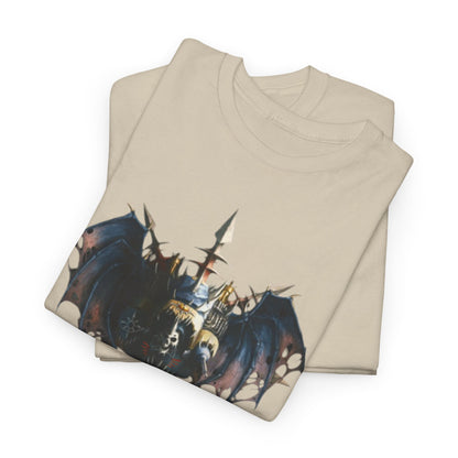 Stylish beige graphic t-shirt showcasing a fantastical warlord design stacked in layers, perfect for collectors of unique artful apparel and those who embrace their inner warrior.