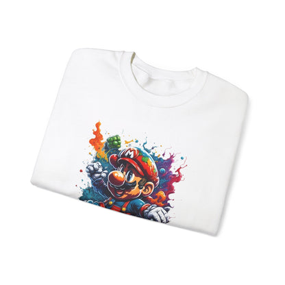 Close-up view of the Computer Game Character Unisex Crewneck Sweatshirt neatly folded featuring an eye-catching game character illustration, ideal for fashion-forward gaming enthusiasts.