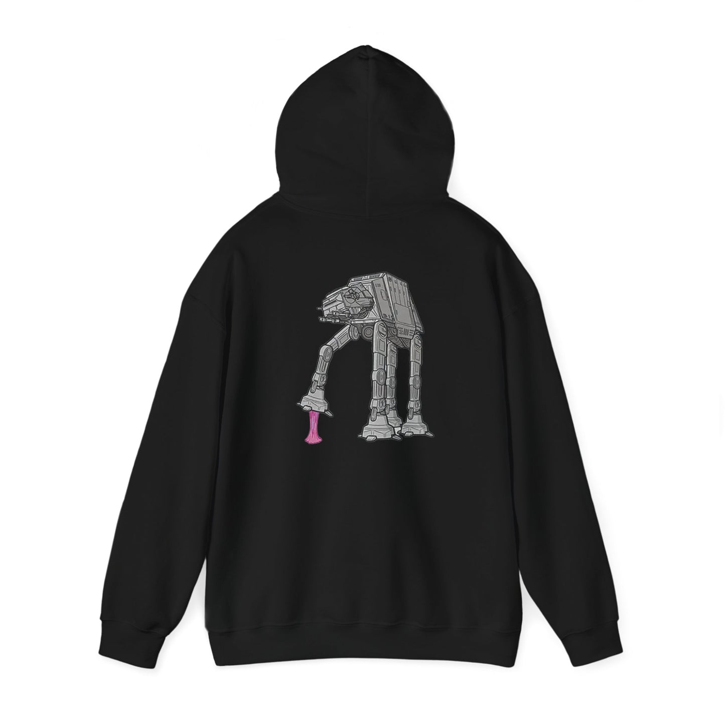 Close-up of a black hoodie displaying the artistic AT-AT illustration in grey with whimsical pink gum, perfect for making a bold fashion statement.