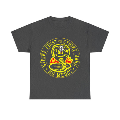 Cobra Kai Graffiti Graphic Unisex T-Shirt in dark grey featuring striking yellow and red cobra logo and the phrase 'Strike First, Strike Hard, No Mercy'. A stylish addition to premium streetwear for enthusiasts.