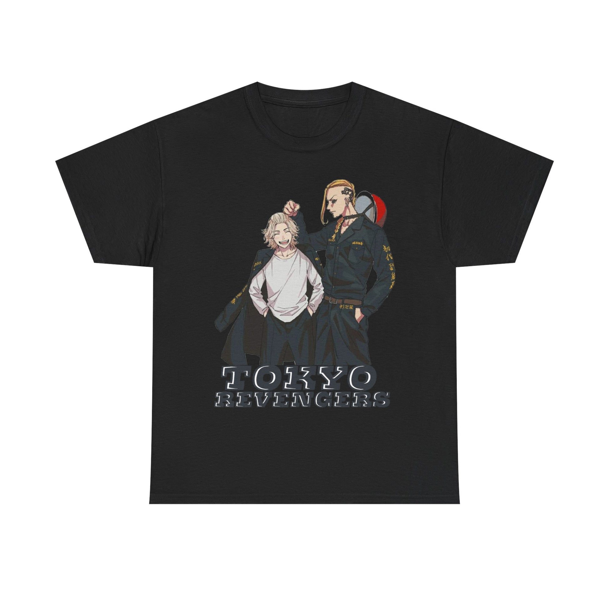 Luxury Tokyo Revengers anime men's t-shirt in black, featuring a captivating design with two iconic characters and bold 'Tokyo Revengers' lettering, a must-have for fashion-forward enthusiasts.