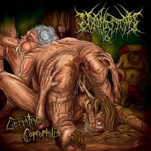 Artist Nephrectomy's Geriatric Coprophilia CD album cover, released by Rancid Offal Records, showcasing an intricate death metal theme with bold graphics and dark colours, representing the genre's intensity and culture.