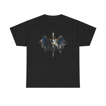 Elegant black t-shirt showcasing a striking fantasy graphic design with detailed bat wings, serving as a powerful statement piece for both men and women. Ideal for those who seek to elevate their casual wardrobe.
