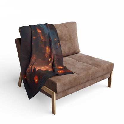 Decorative and Warm Halloween Spooky Arctic Fleece Blanket draped over a stylish couch, enhancing the living space with seasonal charm.