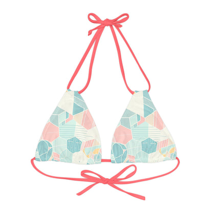 Sweat Symphony: Harmonizing Symphony Strappy Triangle Bikini Top featuring a vibrant geometric print in pastel shades, ideal for stylish beachwear and summer activities.