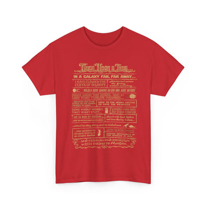 Once Upon a Time Graphic T-Shirt in vibrant red showcasing a vintage-inspired galactic adventures design, ideal for adventurous fashion enthusiasts.