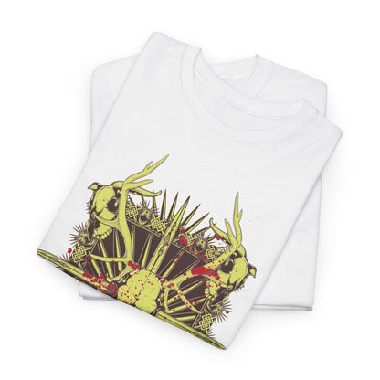 Premium artistic skull t-shirt with antlers design, elegantly folded and displayed in white, showcasing vibrant colours and intricate detailing for a striking look.