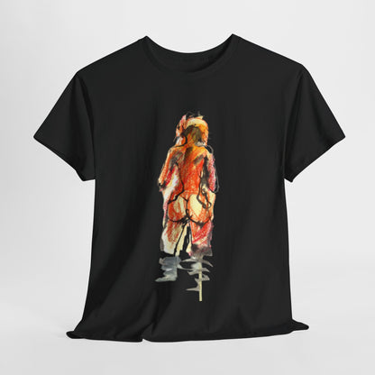 Luxurious unisex graphic t-shirt featuring an artistic illustration of a captivating figure in warm hues of orange and red, set against a black background, embodying a playful yet sophisticated vibe.