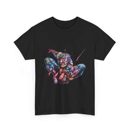 Striking front view of a black t-shirt adorned with vibrant, artistic Spider-Man graffiti graphics, capturing dynamic energy and style.