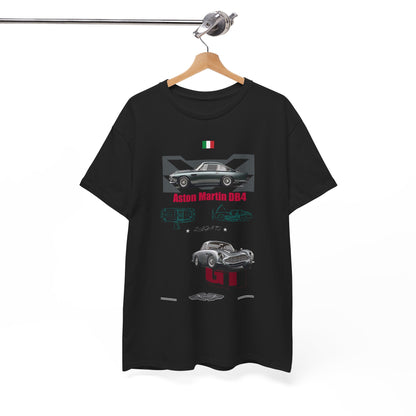 A stylish black men's t-shirt featuring a detailed Aston Martin DB4 graphic and engine drawings, showcasing automotive elegance and luxury.