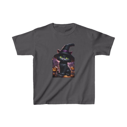 Kids Cute Kitten Halloween T-shirt presenting a whimsical black kitten in a witch's hat, nestled among pumpkins, perfect for Halloween in elegant charcoal.