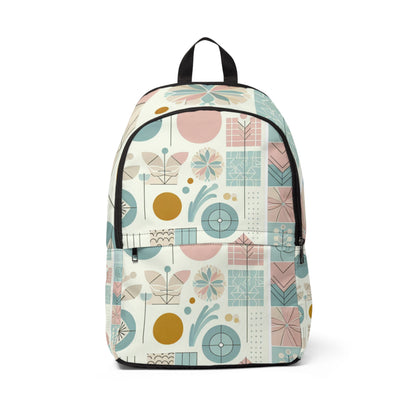 Stylish Pastel Geometric Backpack by Dazzling Dreams Studio, showcasing a blend of calming pastel hues and intricate geometric patterns, ideal for fashion-forward fitness enthusiasts.