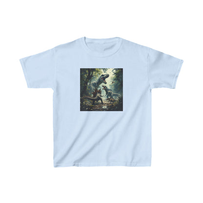 Kids Dinosaur Heavy Cotton Tee in soothing blue, featuring a captivating dinosaur design, ideal for fostering creativity and adventure.
