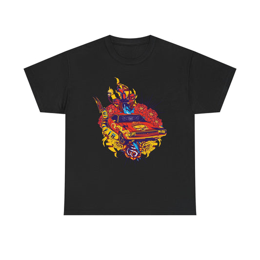 Luxury Intricate Muscle Car T-Shirt for Men featuring bold tattoo-style graphics and floral designs against a black background, perfect for fashion-forward car enthusiasts.