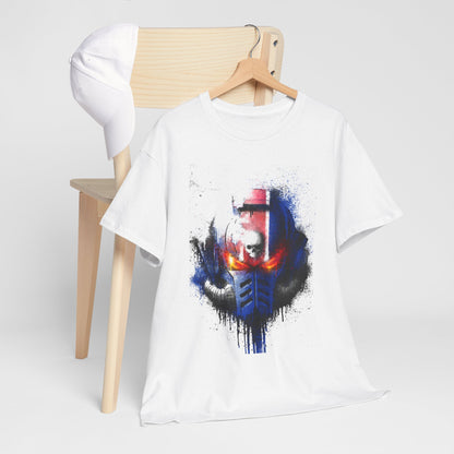 Stylish graphic t-shirt with the ‘Stranger Helm’ design showcased draped over a wooden chair beside a white cap, blending casual elegance with urban aesthetics.