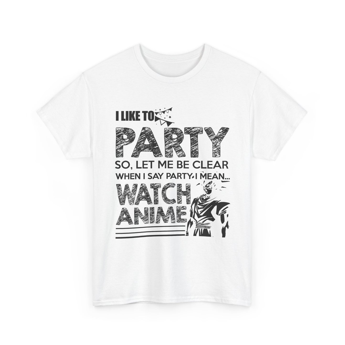 Front view of a luxurious white men's T-shirt showcasing the graphic 'I LIKE TO PARTY, WATCH ANIME' with striking typography, perfect for anime enthusiasts.