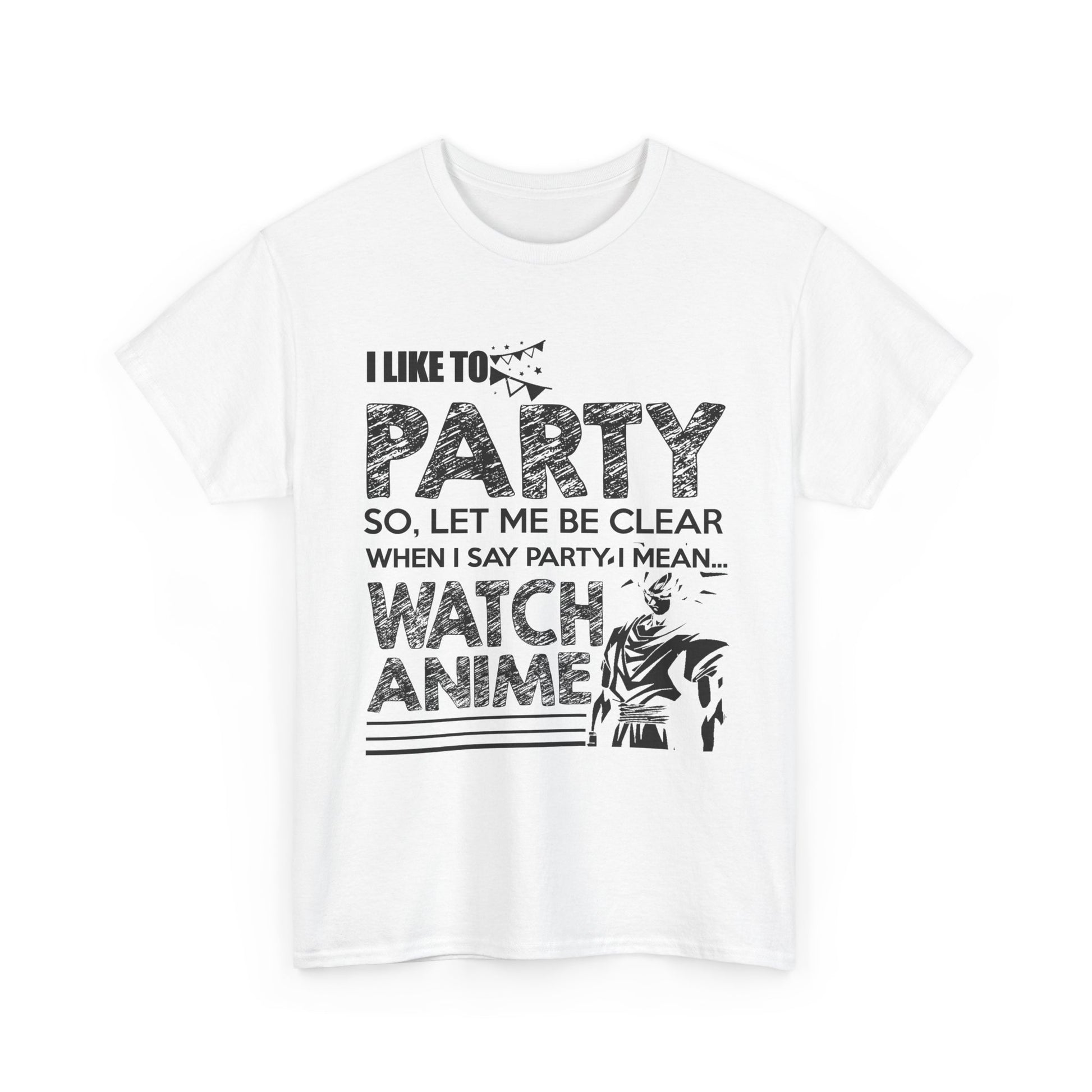 Front view of a luxurious white men's T-shirt showcasing the graphic 'I LIKE TO PARTY, WATCH ANIME' with striking typography, perfect for anime enthusiasts.