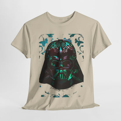 Elegant unisex Star Wars Vader art graphic t-shirt featuring a bold stylized Darth Vader helmet, enriched with vibrant colours and whimsical patterns for a playful yet sophisticated look.