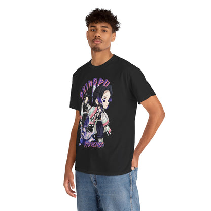Stylish male model wearing a luxurious black T-shirt adorned with vibrant Shinobu Kocho graphics from Demon Slayer, perfect for anime enthusiasts seeking elegance.