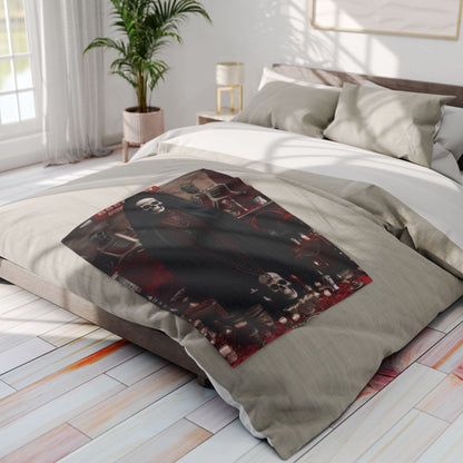 Sumptuous Arctic fleece blanket placed on a chic bed, displaying a captivating Halloween design, perfect for a luxurious seasonal touch.