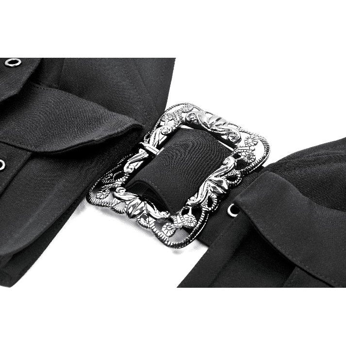 Fashionable pairing of the Dark In Love Evangeline Buckled Utility Crop Top with high-waisted trousers, illustrating its versatility and modern gothic elegance.