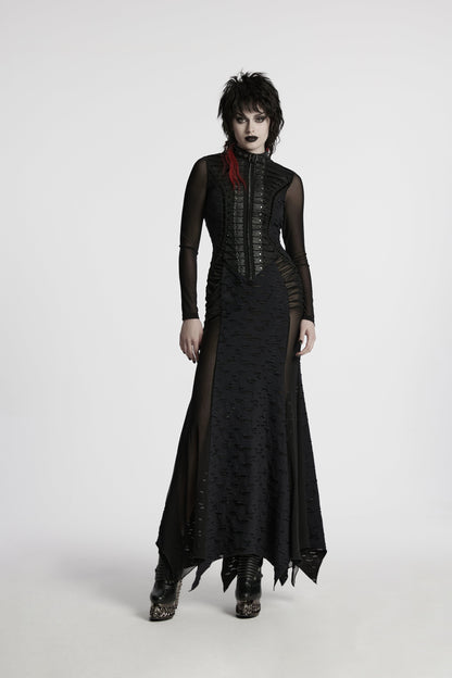 Delicate lace and spike embellishments at the waist of the black maxi dress, enhancing its alternative fashion appeal.