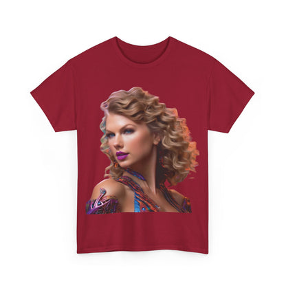 Front view of the Swifties psychedelic Taylor Swift Heavy Cotton Tee in burgundy, embellished with a stunning artistic interpretation of Taylor Swift.