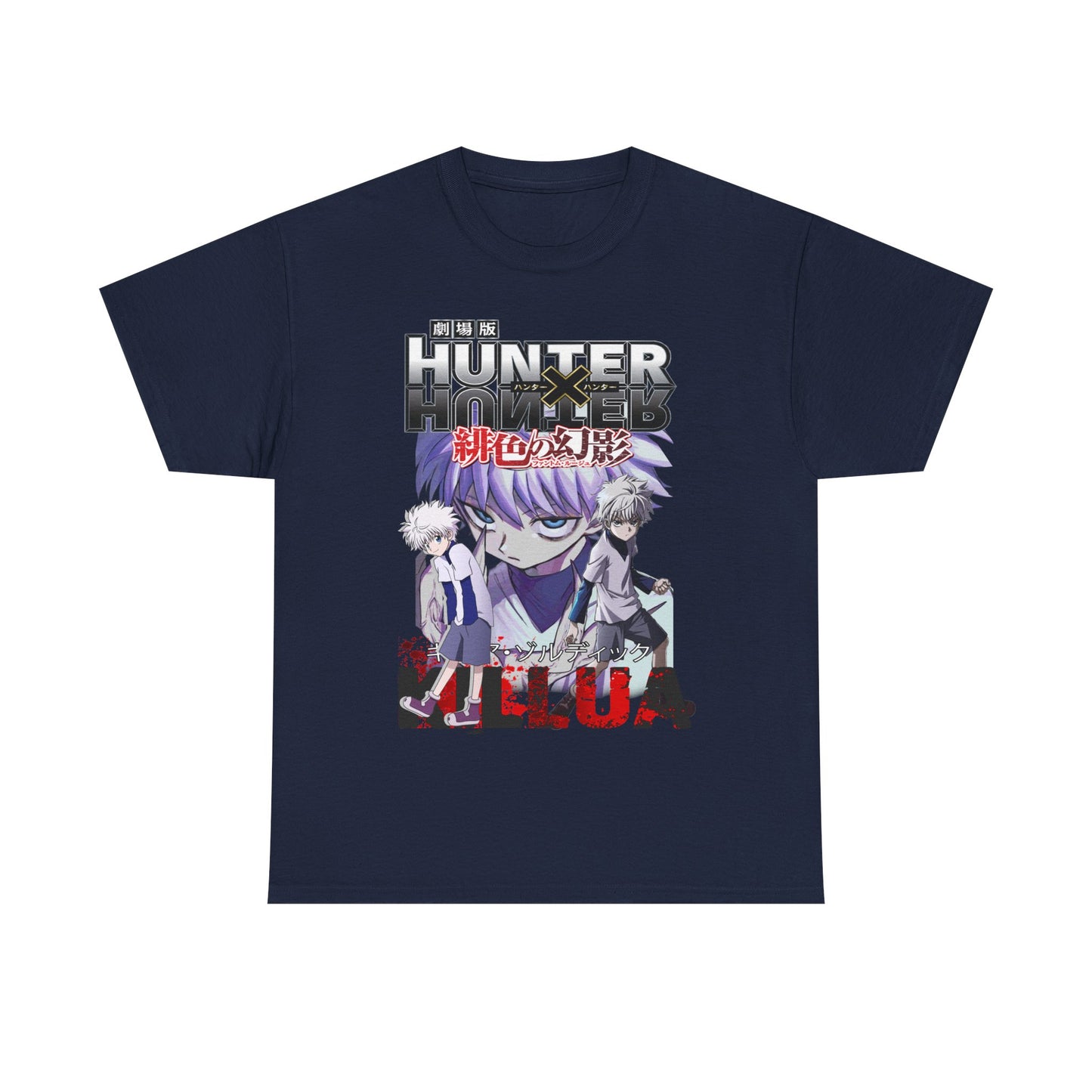 Timeless navy Hunter x Hunter T-Shirt featuring intricate graphics of Killua and Gon, enriched with vibrant shades and Japanese inscriptions, a prestigious addition to any anime collection.