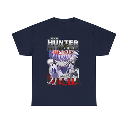 Timeless navy Hunter x Hunter T-Shirt featuring intricate graphics of Killua and Gon, enriched with vibrant shades and Japanese inscriptions, a prestigious addition to any anime collection.