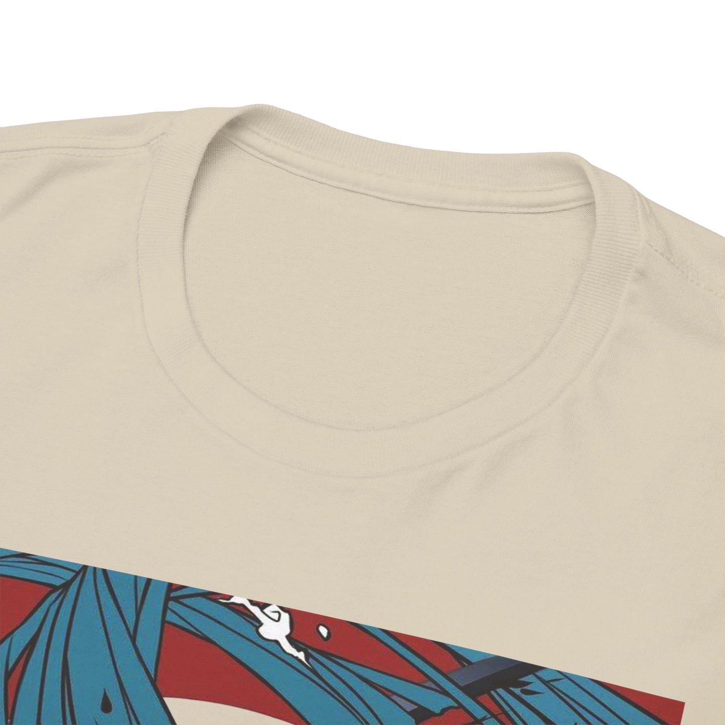 Close-up view of a luxury beige t-shirt neckline, featuring an eye-catching Demon Slayer graphic print, representing unparalleled artistry and quality in anime fashion.