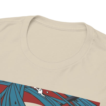Close-up view of a luxury beige t-shirt neckline, featuring an eye-catching Demon Slayer graphic print, representing unparalleled artistry and quality in anime fashion.
