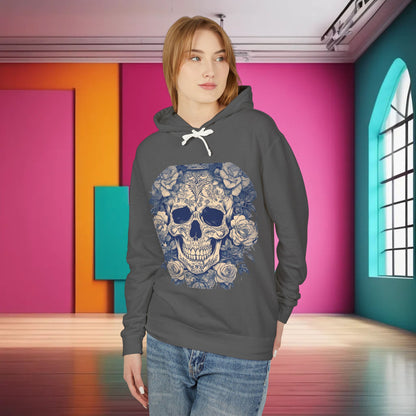 Unisex Lightweight Hooded Sweatshirt featuring a unique designer skull and roses motif, showcasing a model in a stylish urban setting that enhances the sophisticated allure of the garment.