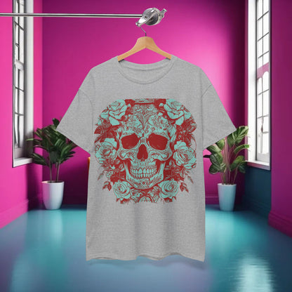 Skulls and Roses Cotton Tee, Unisex Graphic Shirt, displayed on a hanger in a chic interior with pink walls, showcasing a striking steampunk-inspired design.