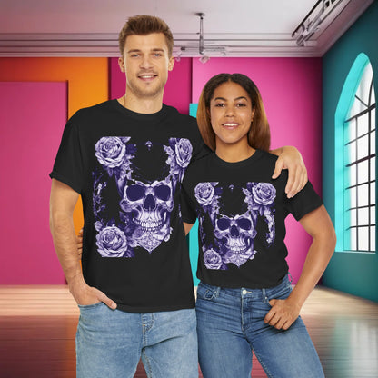 Stylish couple wearing the Skulls and Roses Cotton Tee, a unisex graphic shirt featuring an eye-catching skull and rose design, perfect for expressing edgy fashion in a luxurious setting.