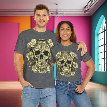Stylish couple wearing the Skulls and Roses Cotton Tee, showcasing the edgy design in a modern urban setting.