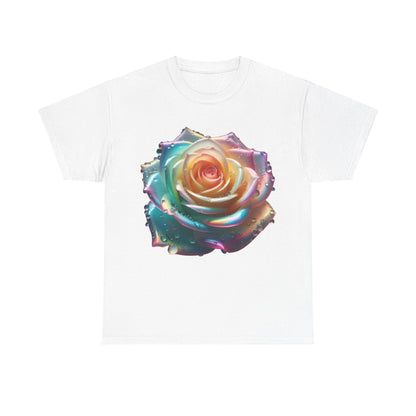Ethereal Rose Unisex Cotton Tee showcasing an elegant floral design with iridescent accents, highlighting a detailed close-up of a stunning rose adorned with glistening water droplets on a white background.