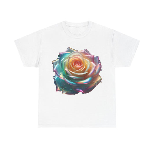 Ethereal Rose Unisex Cotton Tee showcasing an elegant floral design with iridescent accents, highlighting a detailed close-up of a stunning rose adorned with glistening water droplets on a white background.