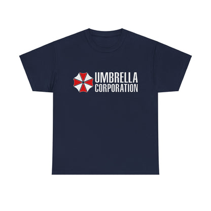 Umbrella Corporation Graphic Unisex Tee Shirt presenting a striking red and white logo on chic navy fabric, an elegant choice for any fan.