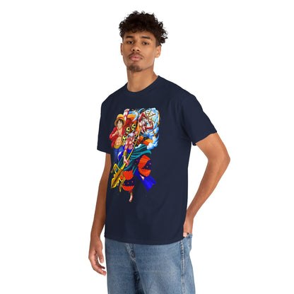 Trendy young man in a luxurious navy t-shirt featuring premium anime art, exuding confidence and style, perfect for fashionable occasions.