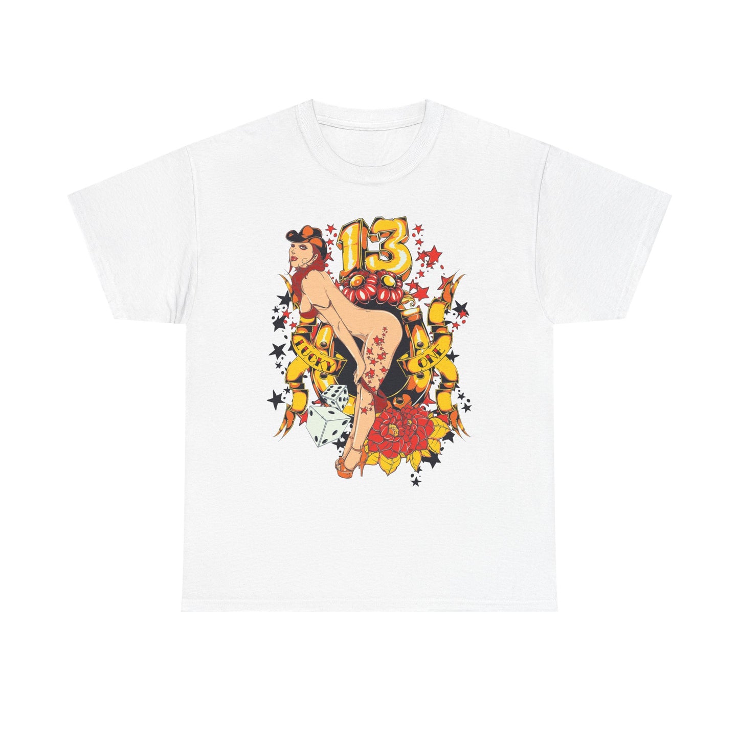 Bold Gold 13 Cartoon Inspired Men's T-Shirt from Dazzling Dreams featuring a vibrant illustration of a confident woman, playful dice, and festive accents.