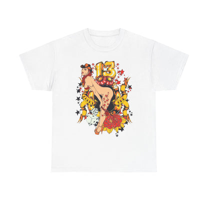 Bold Gold 13 Cartoon Inspired Men's T-Shirt from Dazzling Dreams featuring a vibrant illustration of a confident woman, playful dice, and festive accents.