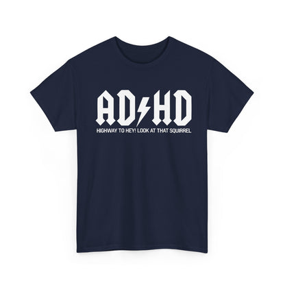 Sophisticated AD HD Rockers AC DC Graphic T-Shirt in navy, elegantly displaying 'HIGHWAY TO HEY! LOOK AT THAT SQUIRREL', perfect for making a stylish statement while enjoying iconic rock.