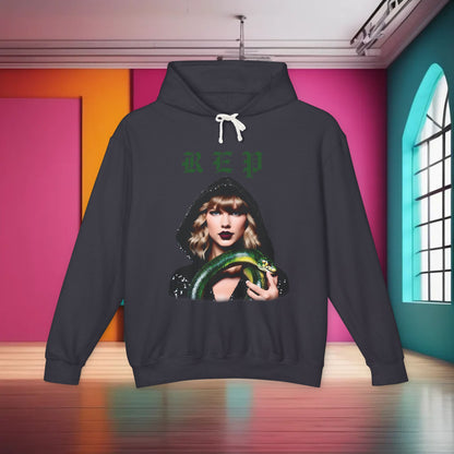Stylish unisex cotton hoodie for Swifties in dark grey, showcasing a dramatic representation of Taylor Swift, a must-have for devoted fans.