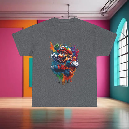 Stylish Computer Game Character Graphic T-Shirt with a dynamic Mario design in a charcoal colour, ideal for urban fashion aficionados.