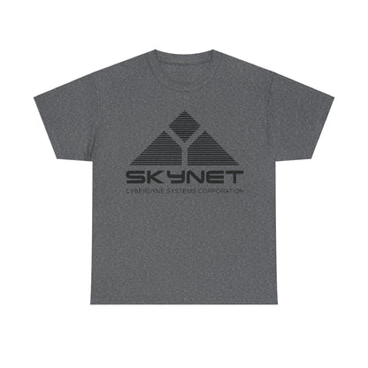 Sophisticated unisex Skynet Cyberdyne Systems - Terminator Retro Logo Graphic Tee in dark grey, elegantly displaying the vintage Skynet logo for fans of the iconic series.
